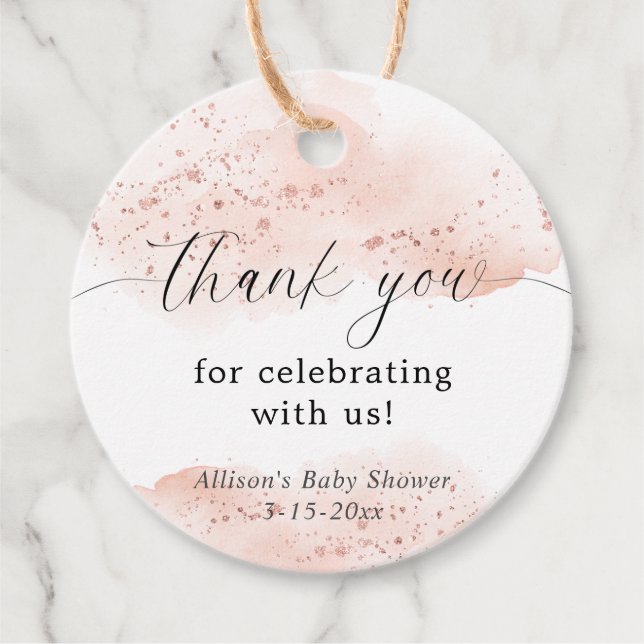 Vattenfärg rosa guld vit tack gåvor etiketter (Framsida)