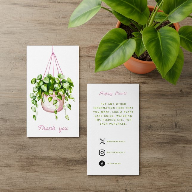 Vattenfärg rosa Hängande Växt Tack Tilläggskort (Watercolor pink Hanging Plant Thank You Enclosure Card.)