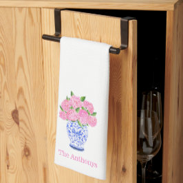 Vattenfärg Rosa Hydrangea Chinoiserie Personlig Kökshandduk