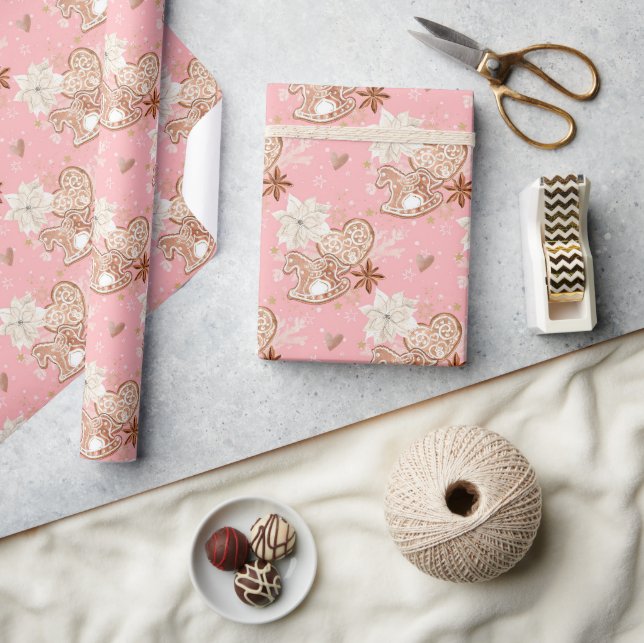 Vattenfärg Rosa Julkakaoch Snöflingor Presentpapper (Hantverk)