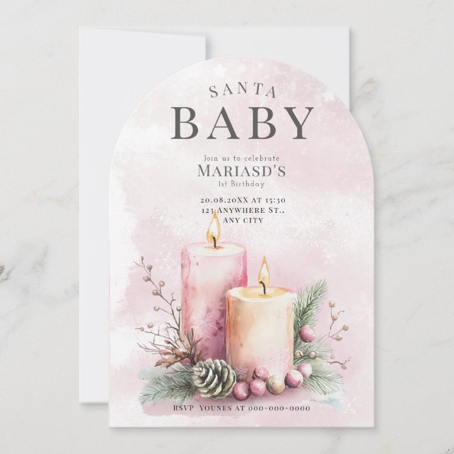 vattenfärg Rosa julljus 1:a födelsedag Inbjudningar (Framsida)