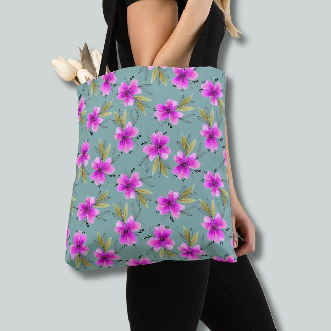 Vattenfärg rosa lilja blommande dämpat grön slips tygkasse (pink lily watercolor floral dusky green tote bag)
