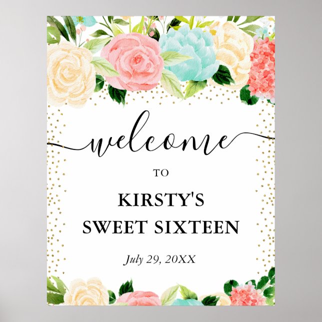Vattenfärg Rosa Mint Blommor Söt 16 Välkommen Poster (Framsidan)