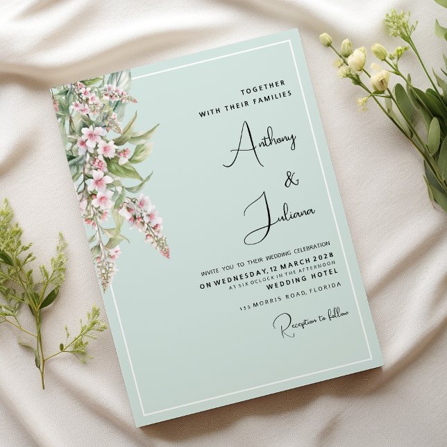 Vattenfärg  rosa mynta blommigt Bröllop Inbjudningar (Watercolor blush pink mint floral Wedding)