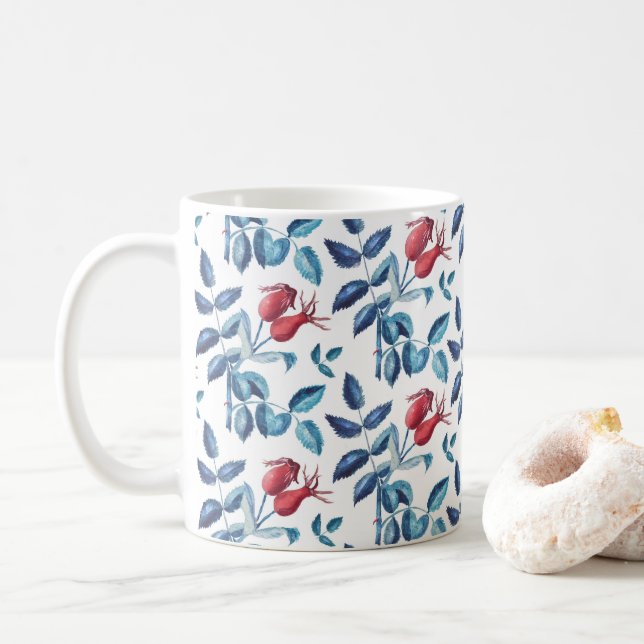 Vattenfärg Rosa Nypon Mönster Kaffemugg (Med munk)