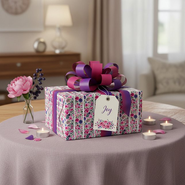 Vattenfärg rosa och blå blommor och vita ränder presentpapper (Skapare uppladdad)