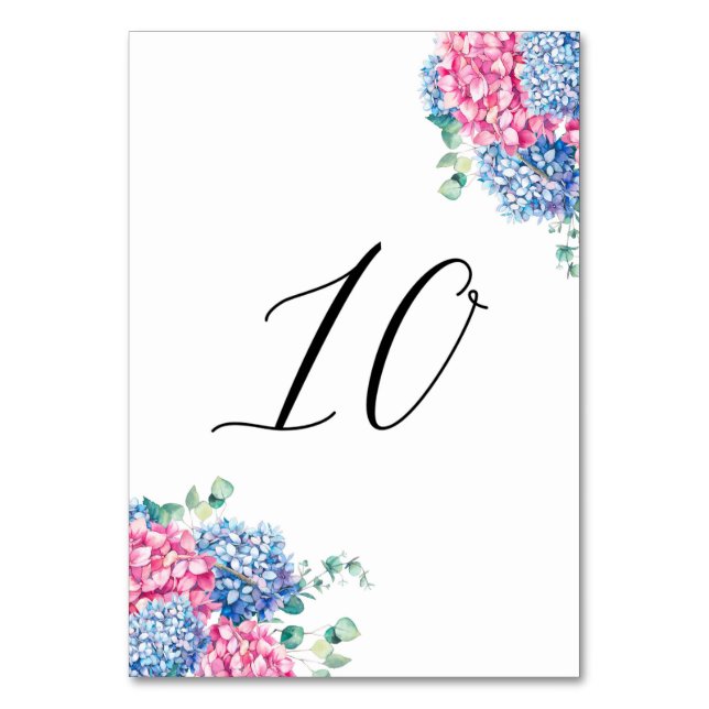 Vattenfärg Rosa och Blå Hortensia Bord 10 Bordsnummer (Framsidan)