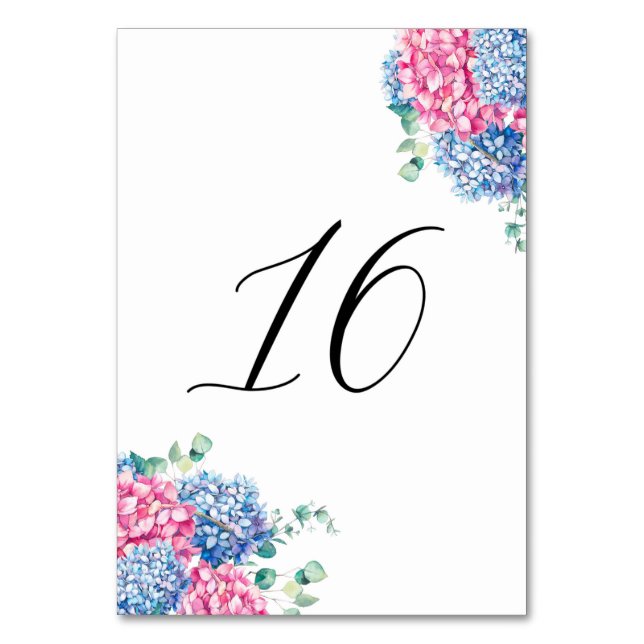 Vattenfärg Rosa och Blå Hortensia Bord 16 Bordsnummer (Framsidan)