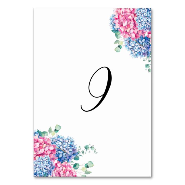 Vattenfärg Rosa och Blå Hortensia Bord 9 Bordsnummer (Framsidan)