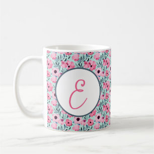 Vattenfärg rosa och grön blomster Mönster monogram Kaffemugg