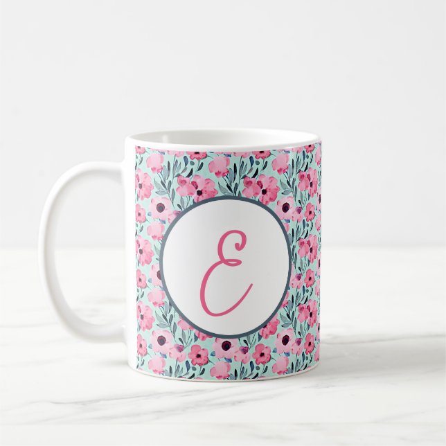 Vattenfärg rosa och grön blomster Mönster monogram Kaffemugg (Vänster)