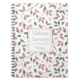 Vattenfärg Rosa och Gröna Blad Monogram | Anteckningsbok Med Spiral