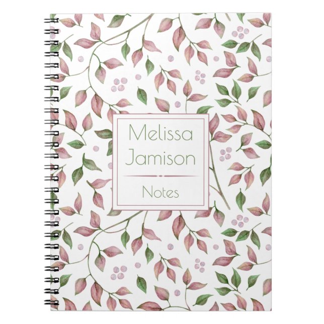 Vattenfärg Rosa och Gröna Blad Monogram | Anteckningsbok Med Spiral (Framsidan)