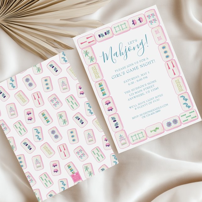 Vattenfärg Rosa och Gröna Mahjongbrickor Party Inbjudningar (Mahjong Invitation)