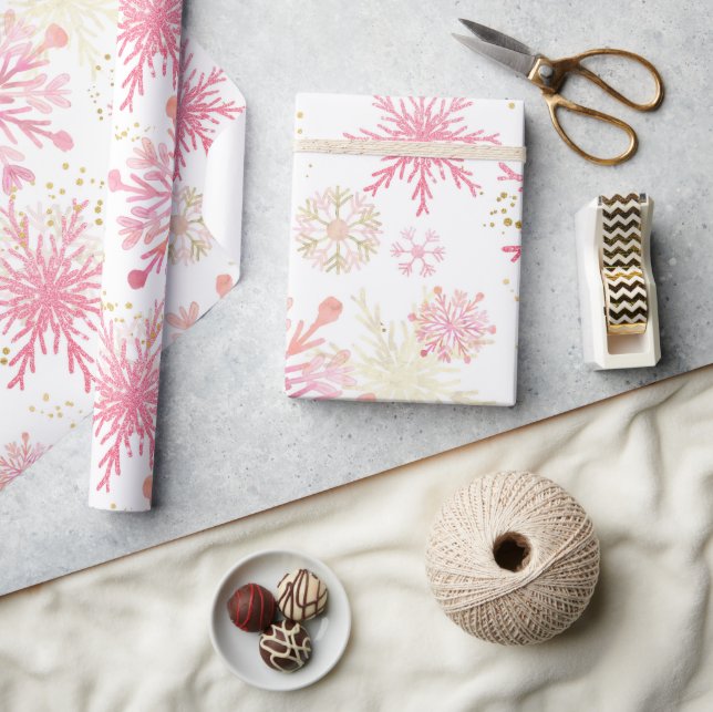Vattenfärg Rosa och Guld Glitter Vinter Snöflingor Presentpapper (Hantverk)