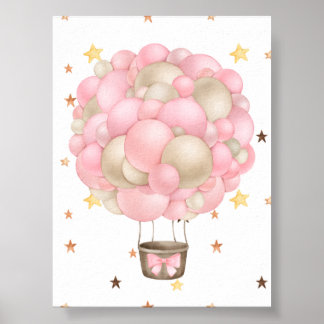 Vattenfärg Rosa och Guld Varmluftsballong Utskrift Poster