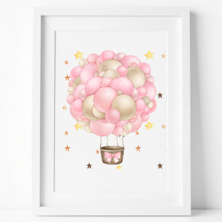 Vattenfärg Rosa och Guld Varmluftsballong Utskrift Poster