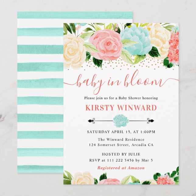Vattenfärg Rosa och Mint Blommor Baby Shower Inbjudningar (Fram/baksida)