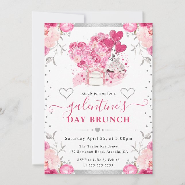 Vattenfärg Rosa och Silver Blommor Galentine's Day Inbjudningar (Framsida)