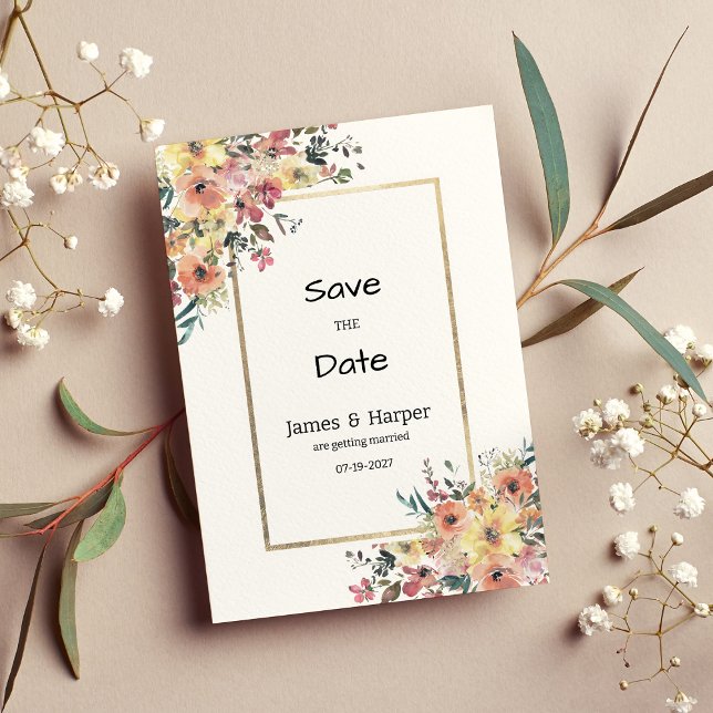 Vattenfärg rosa orange guld blomsterlig Save the D Inbjudningar (Watercolor pink orange gold floral Save the Date)
