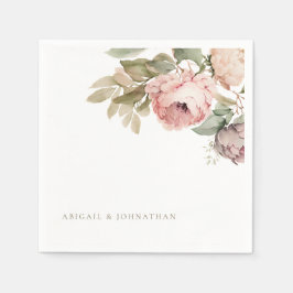 Vattenfärg Rosa Peonies Anpassad Guldtext Bröllop Pappersservett