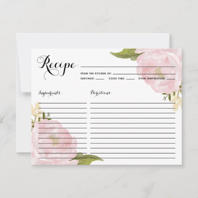 Vattenfärg Rosa Peonies Bröllopsdusch Receptkort (Framsida)