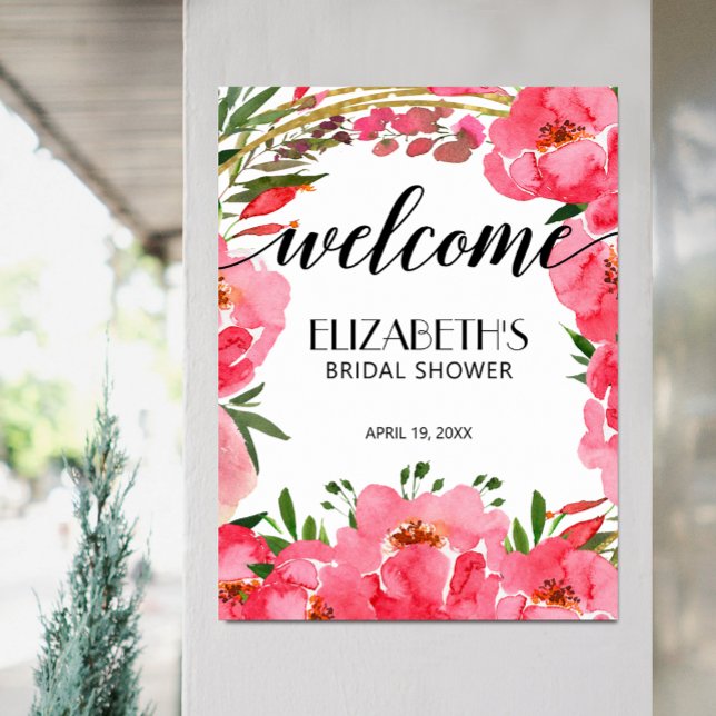 Vattenfärg Rosa Peonies Bröllopsdusch Välkommen Poster (Pink Peony Flowers Bridal Shower Welcome Poster, PRINTED or INSTANT DOWNLOAD)