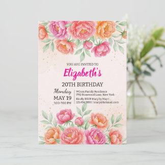 Vattenfärg Rosa Peony Blommig Födelsedag Inbjudningar