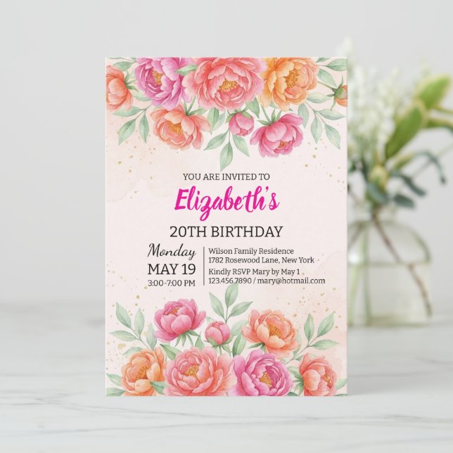 Vattenfärg Rosa Peony Blommig Födelsedag Inbjudningar (Stående Fram)