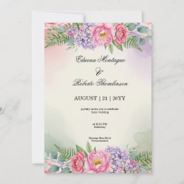 Vattenfärg Rosa Peony Lila Hydrangea Bröllop Inbjudningar