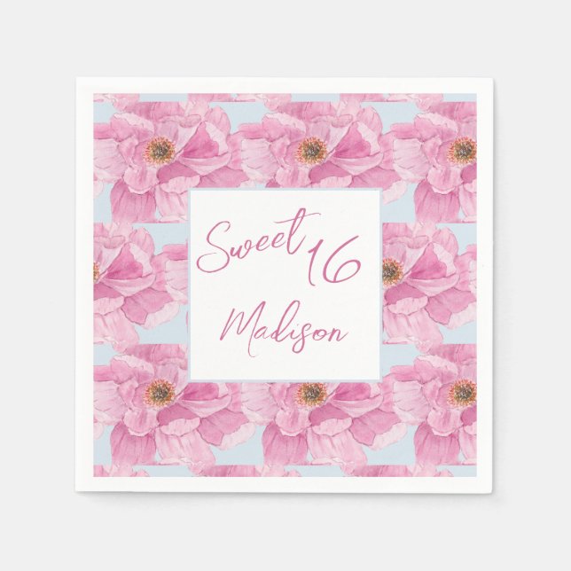 Vattenfärg Rosa Peony Söt 16 Fest Pappersservett (Framsidan)