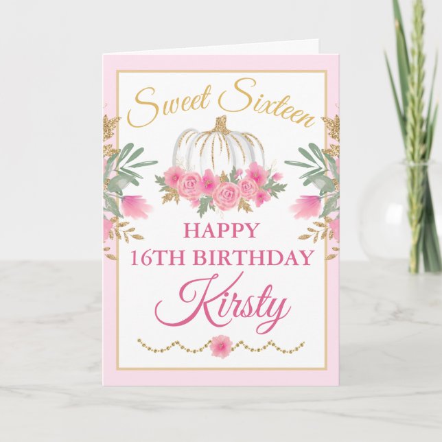 Vattenfärg Rosa Pumpa Guld Sweet 16 Födelsedag Kort (Framsida)