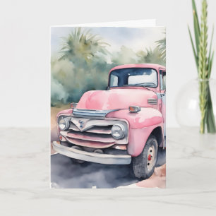 Vattenfärg Rosa Retro Lastbil Födelsedag Kort