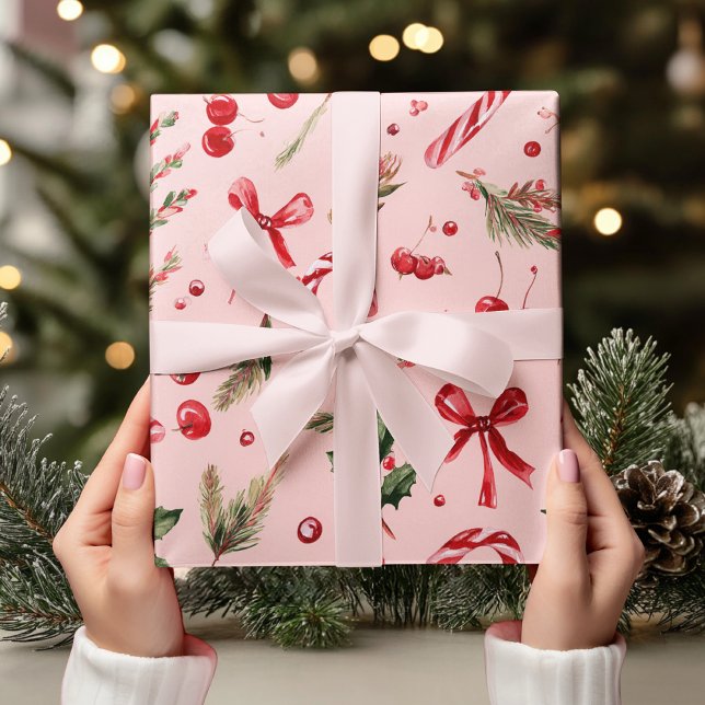 Vattenfärg Rosa & Röd Julgodis Pinne  Presentpapper (Skapare uppladdad)