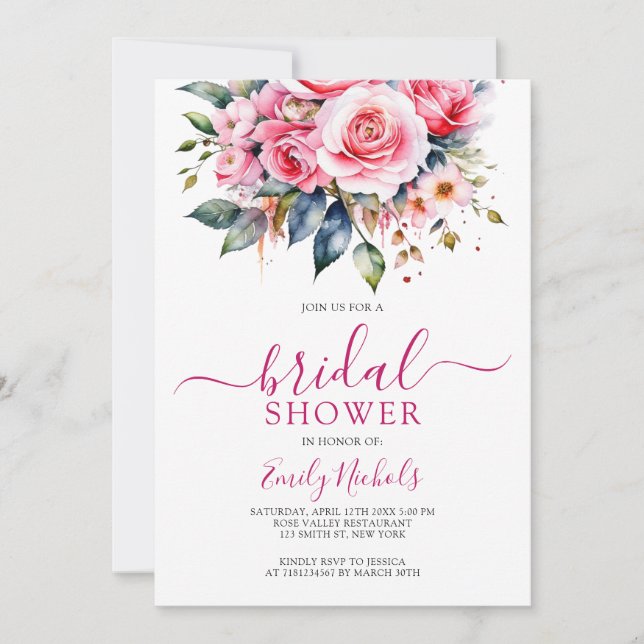 VATTENFÄRG ROSA RÖD ROS BLOMMIGT BOUQUET SVEET 16 INBJUDNINGAR (Framsida)