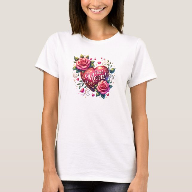 Vattenfärg rosa ros andningshjärta Bästa Mamma T Shirt (Framsida)