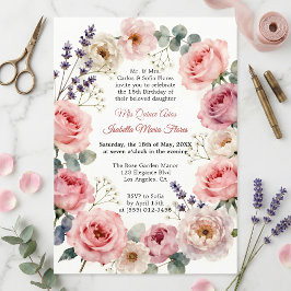 Vattenfärg Rosa Ros Blommig Krans Quinceañera Inbjudningar