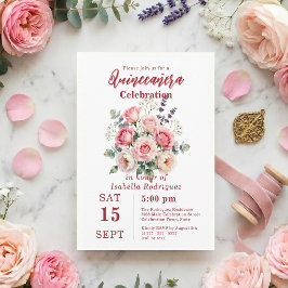 Vattenfärg Rosa Ros Blommig Quinceañera Inbjudningar