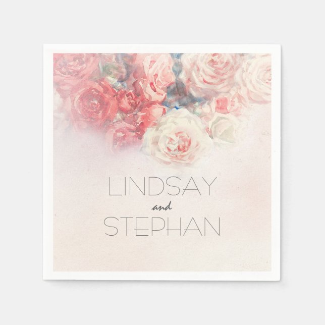 Vattenfärg  Rosa ros Bröllop Pappersservett (Framsidan)
