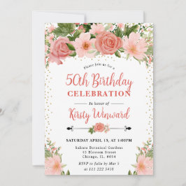 Vattenfärg Rosa ros Flowers 50-årsdag Inbjudningar