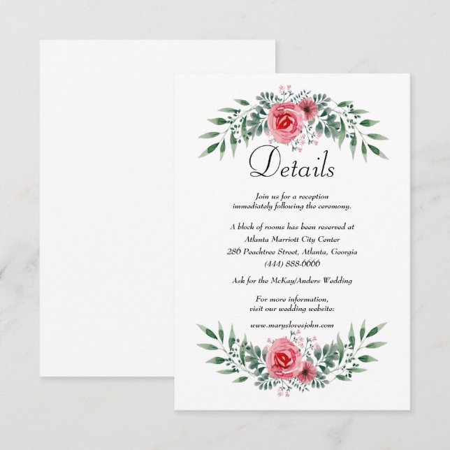 Vattenfärg Rosa Ros Grönska Lövverk Detaljer Tilläggskort (Fram/baksida)