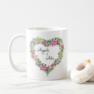 Vattenfärg rosa ros hjärtgräns brud och brudgum kaffemugg