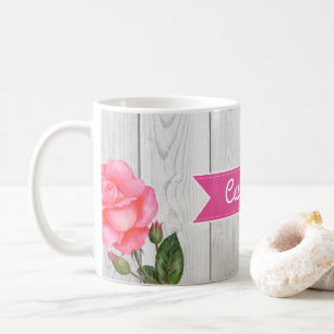 Vattenfärg Rosa ros på Rustic Grått Wood Board Kaffemugg