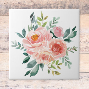 Vattenfärg Rosa Ros Peony Blombukett Kakelplatta