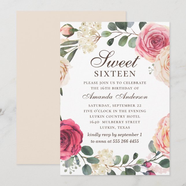 Vattenfärg rosa ros Sweet 16. Blommigt Inbjudningar (Fram/baksida)
