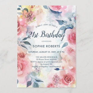 Vattenfärg Rosa Rosor Blommig Romantisk 21-årsdag Inbjudningar