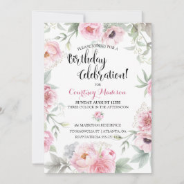 Vattenfärg rosa rosor blommor födelsedag inbjudningar