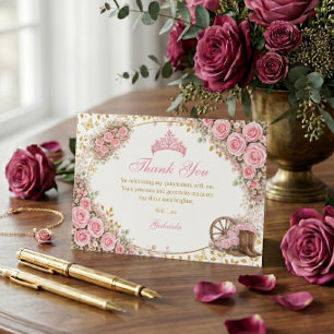 Vattenfärg Rosa Rosor Guld Fjäril Quinceañera Tack Kort