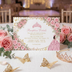 Vattenfärg Rosa Rosor Guld Fjäril Quinceañera Tilläggskort