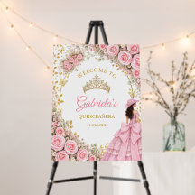 Vattenfärg Rosa Rosor Guld Quinceañera Välkommen